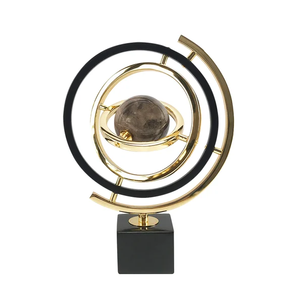 Modern Abstract Metal Black & Gold Globe Ornament Sculpture Decor with Rectangle Stand