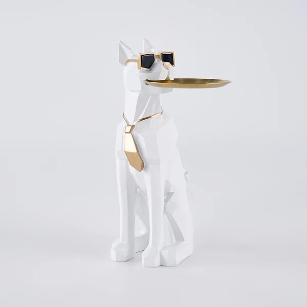 Modern White Resin Dog Sculpture Cute End Side Table with Metal Storage Tray Tissue Box