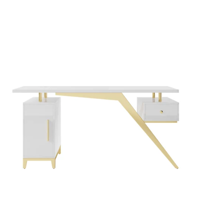Hungled 71" Modern White Computer Desk Luxury Gold Office Desk with Storage & 1 Cabinet