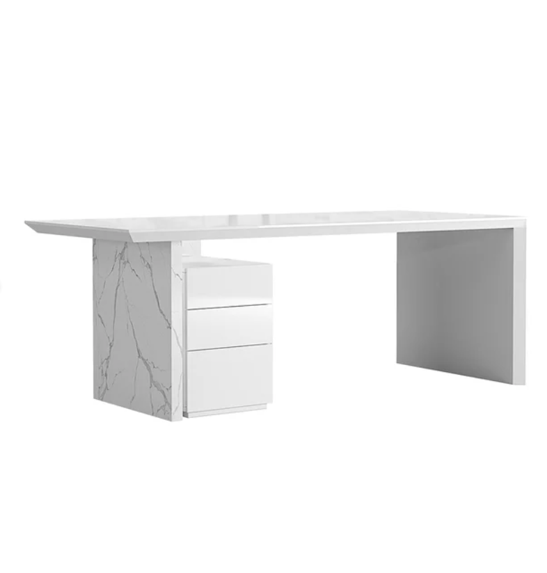  60" Modern MDF & Marble Veneer Desk White Home Office Desk with Filing Cabinet