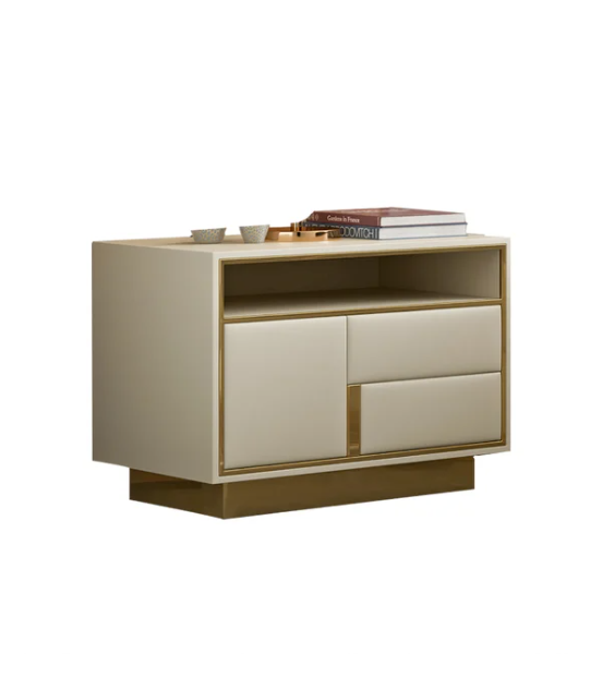 Modern Beige Wooden Nightstand PU Leather Upholstery with 1 Drawer