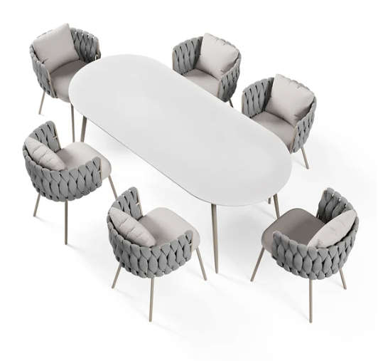 7-teilig Esstischgarnitur mit ovalem Tisch aus Kunstmarmor & 6 gewebte Sessel Garten