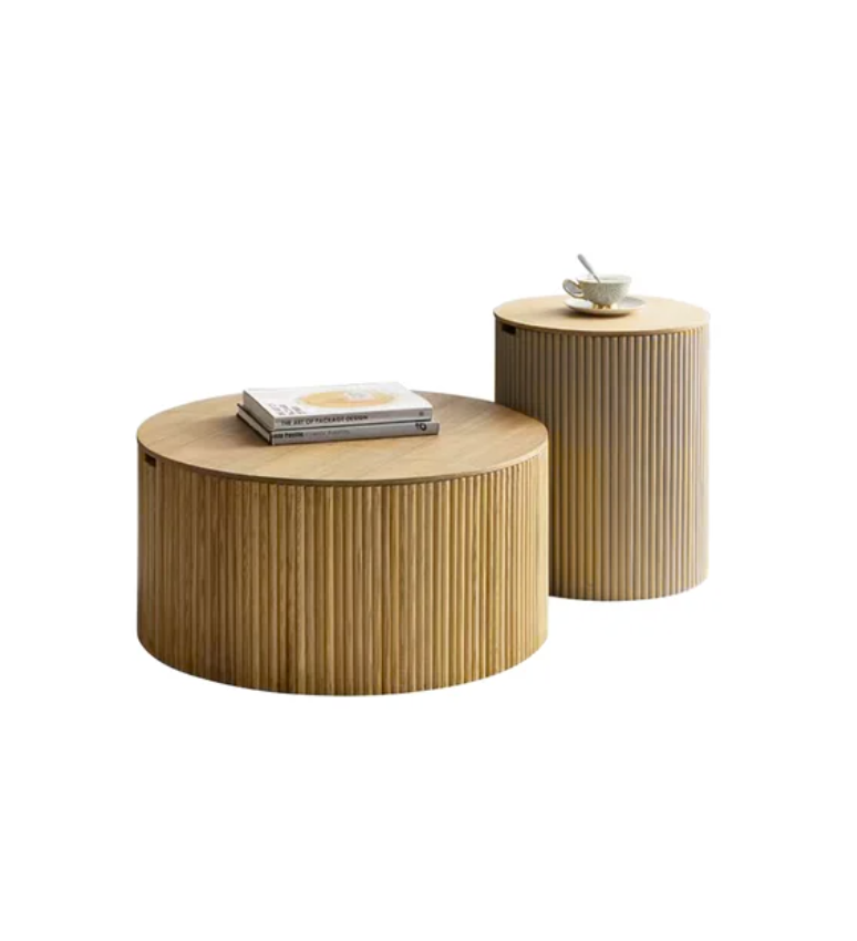 Moderner runder Couchtisch aus Holz, 2er-Set mit Stauraum, naturfarben