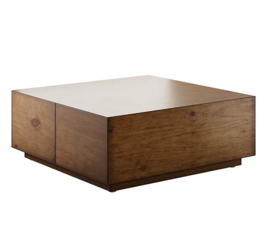 Japandi Square Coffee Table with 4 Drawers Storage Wooden Pedestal Coffee Table