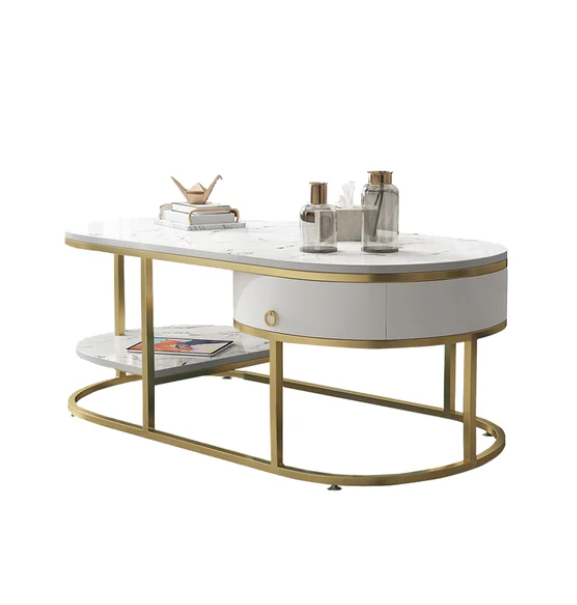 Table basse moderne en marbre avec tiroirs et étagère en blanc