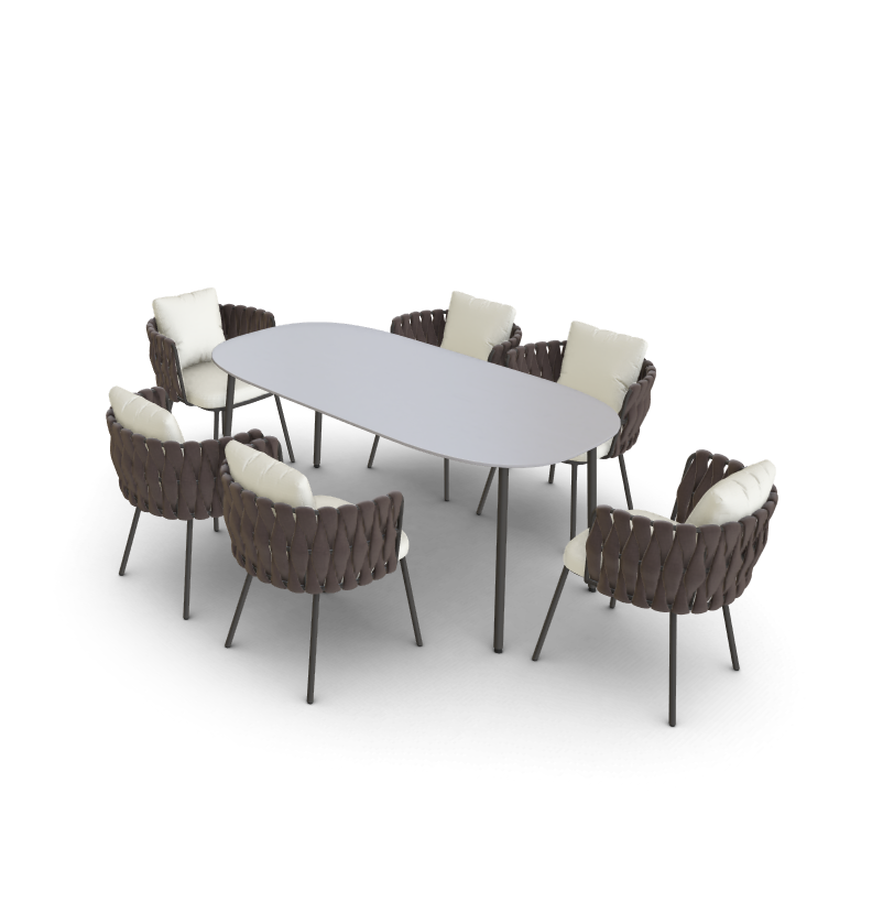 7-teiliges Ess-Set im Freien mit Kunstmarmorplatte, Aluminiumtisch und seilgewebtem Stuhl