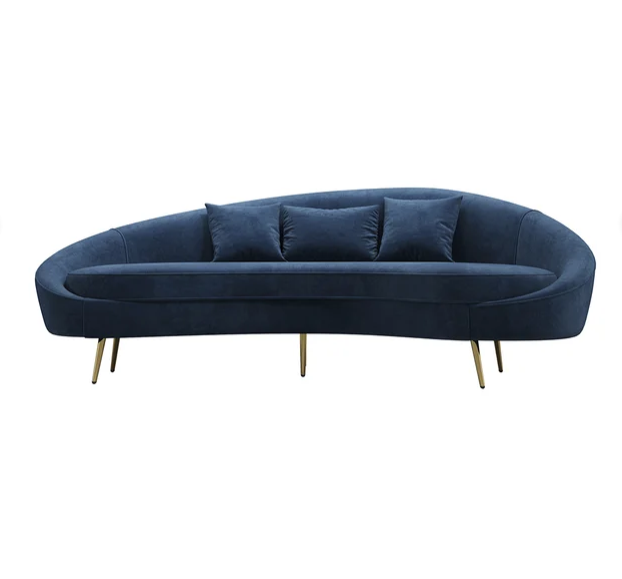 Modern 83" Blue Velvet Curved 3 Seater Sofa Gold Legs Toss Pillow Included