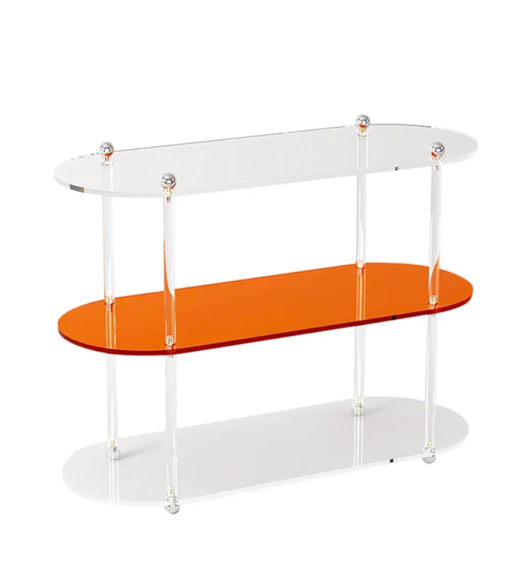 Modernes 3-lagiges Acryl-Lagerregal, durchsichtig und orange, mit offenem Stauraum