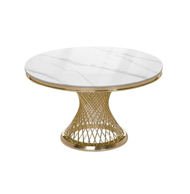 Modern 51" Round Dining Table Sintered Stone Tabletop & Golden Stainless Steel Pedestal