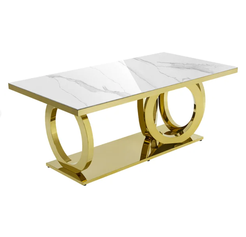 Mesa de comedor moderna rectangular blanca de 2000 mm con base de acero inoxidable sinterizado en oro