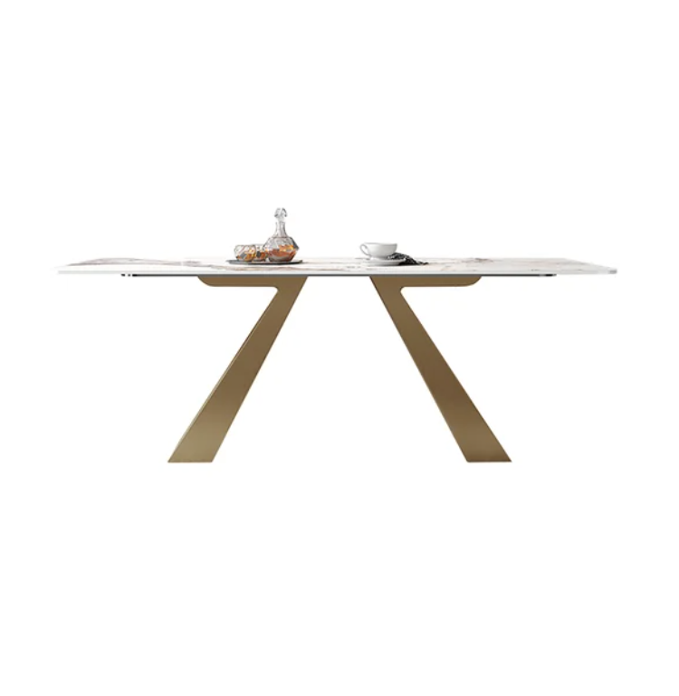 180 cm Weiß Moderner rechteckiger Esstisch aus gesintertem Stein Gold X-Sockel