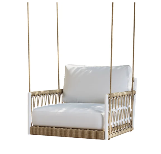 Ropipe Boho Schaukelsessel mit geflochtenem Seil für den Außenbereich, Khakifarbenes Sofa, Sessel mit weißem Kissen