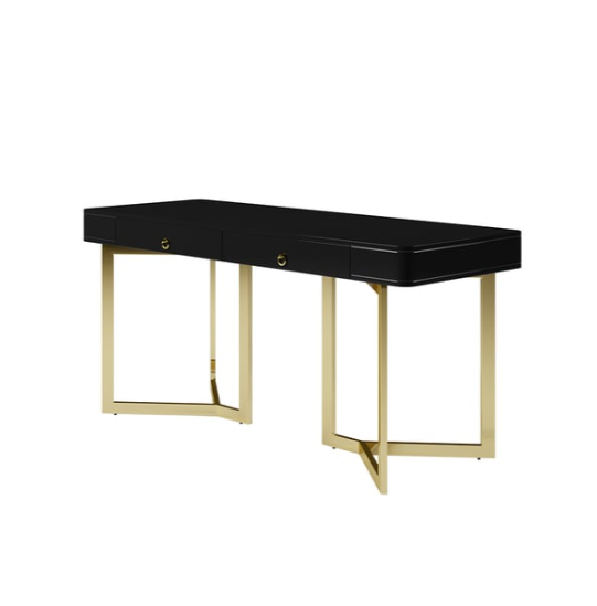 2-Drawers Black Office Desk 1400mm Modern Writing Desk Gold Tripod Base Stainless Steel