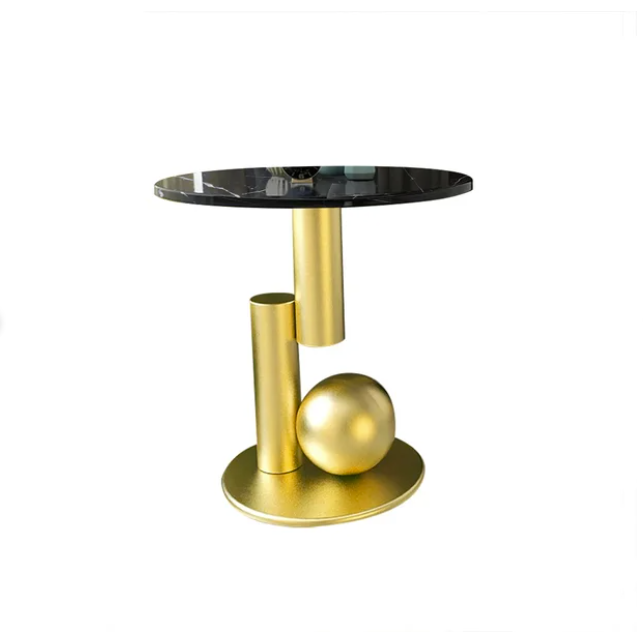 Modern Black End Table Round Marble Stone Top with Abstract Metal Base