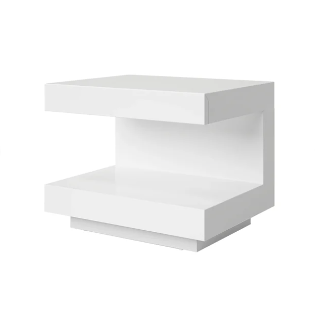 Glänzend weißer Nachttisch mit 1 Schublade, C-förmiger Beistelltisch mit Beleuchtung