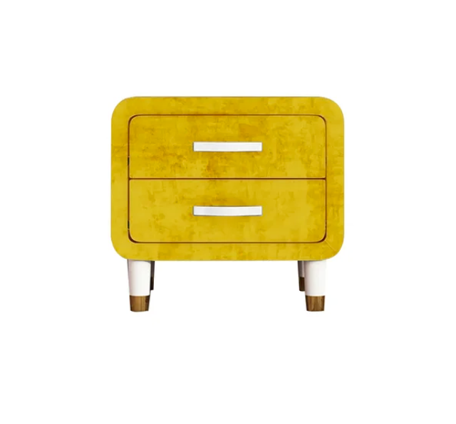 Table de nuit moderne en velours jaune avec 2 tiroirs