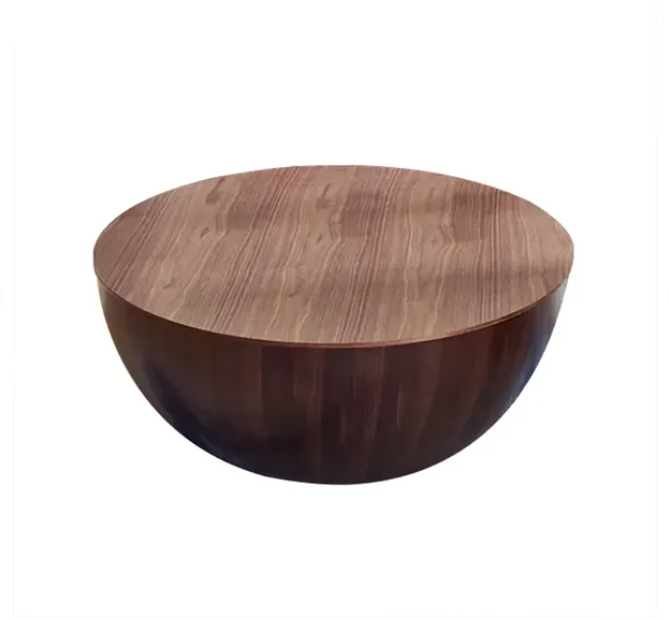 Round Drum Wood Japandi Coffee Table with Storage Walnut Bowl Shaped Coffee Table