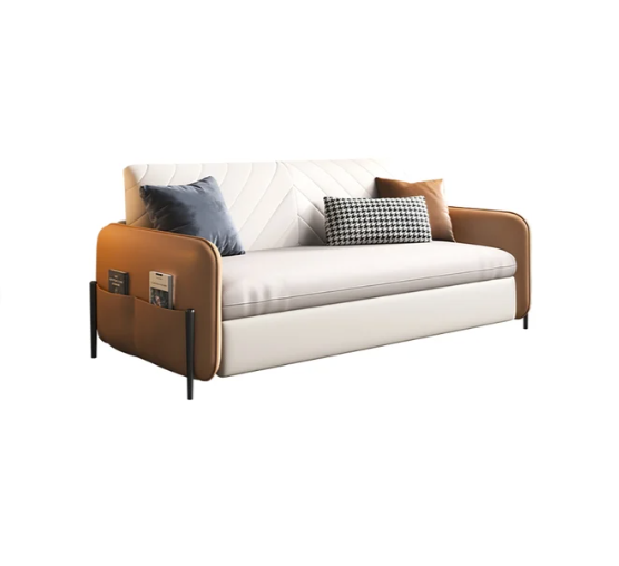 Sofá cama convertible marrón y blanco de 1700 mm tapizado en cuero con bolsillo de almacenamiento