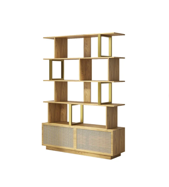 5-Tier Natural Wood Bookshelf with 2 Doors Modern Bookcase in Gold Finish