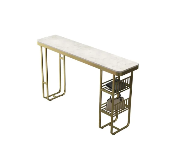 55.1" Modern Straight Bar Table with Shelves in White & Gold