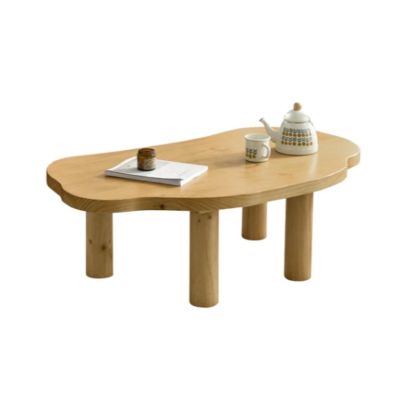 Japandi Pine Wood Coffee Table Cloud Shaped in Natural with 4 Legs