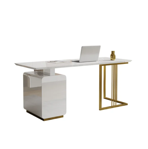 55" Modern White Office Desk with Drawers File Cabinet in Gold Base