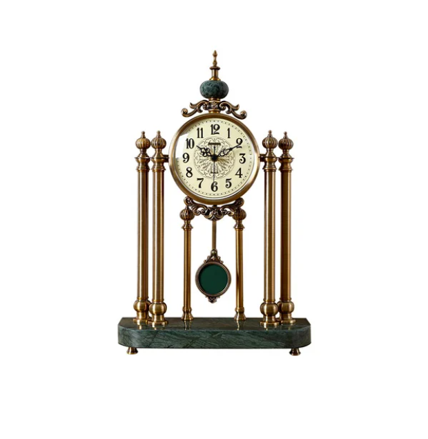 Traditional Metal Bronze Round Mantel & Table Top Clock with Pendulum Green Marble Base