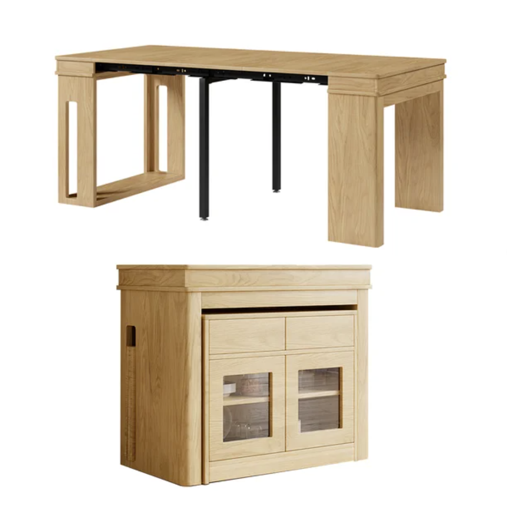Modern Extendable Dining Table Rectangle Sideboard with Storage in Natural & Grey