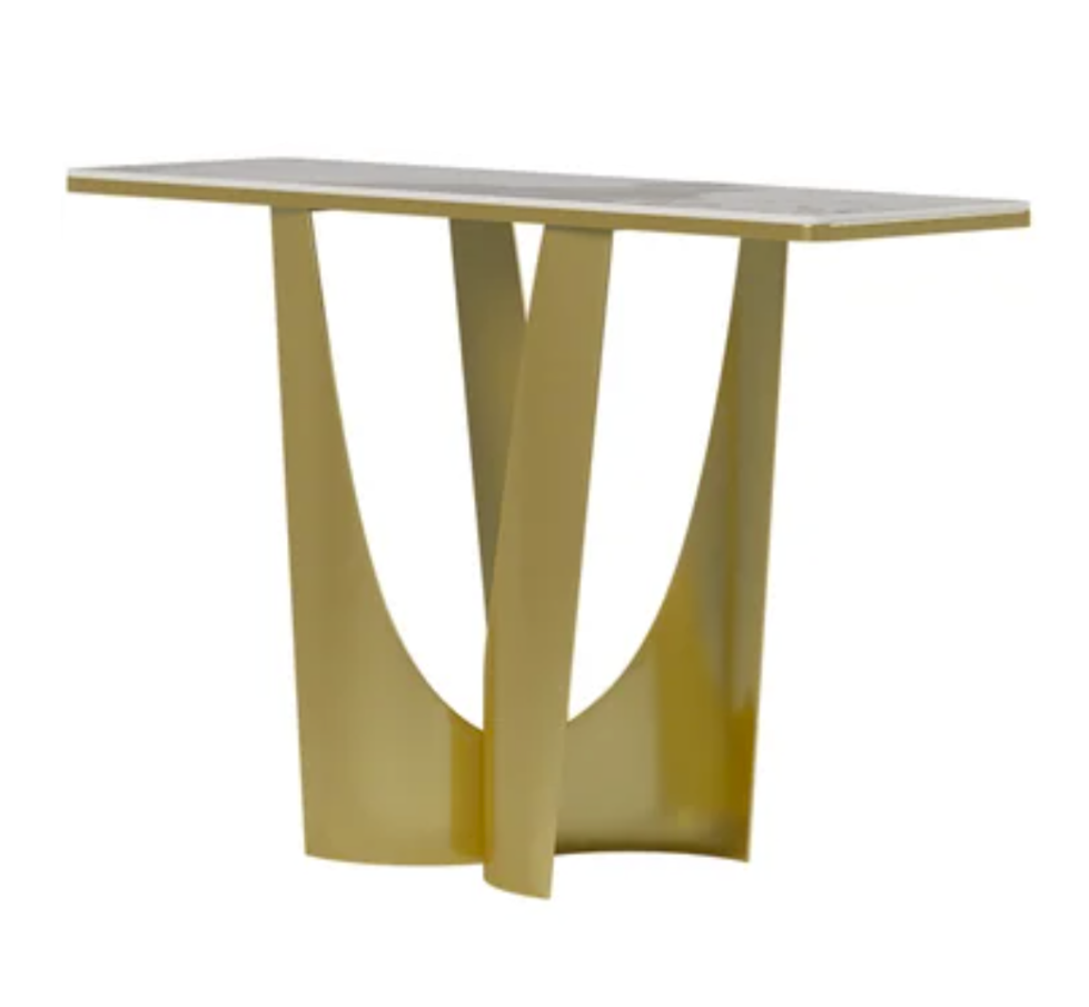 47" Art Deco White & Gold Console Table with Sintered Stone Top & Stainless Steel Base