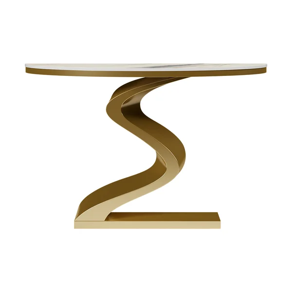 Table console moderne incurvée blanche et dorée de 1000 mm avec dessus en pierre frittée en forme de demi-lune