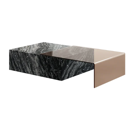  2 Piece Modern Large Square Coffee Table in Black & Tea with Marble Veneer & Acrylic