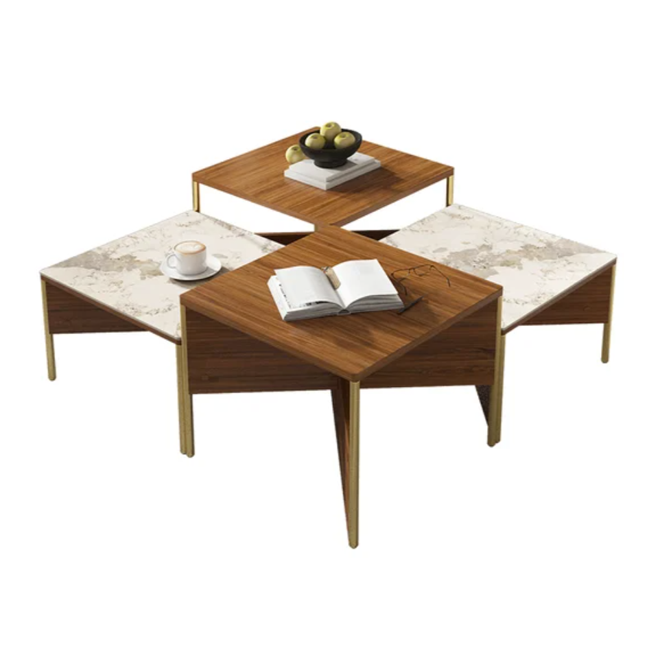39.4" Square Modern Sintered Stone Coffee Table Walnut Veneer Coffee Table in Gold Frame